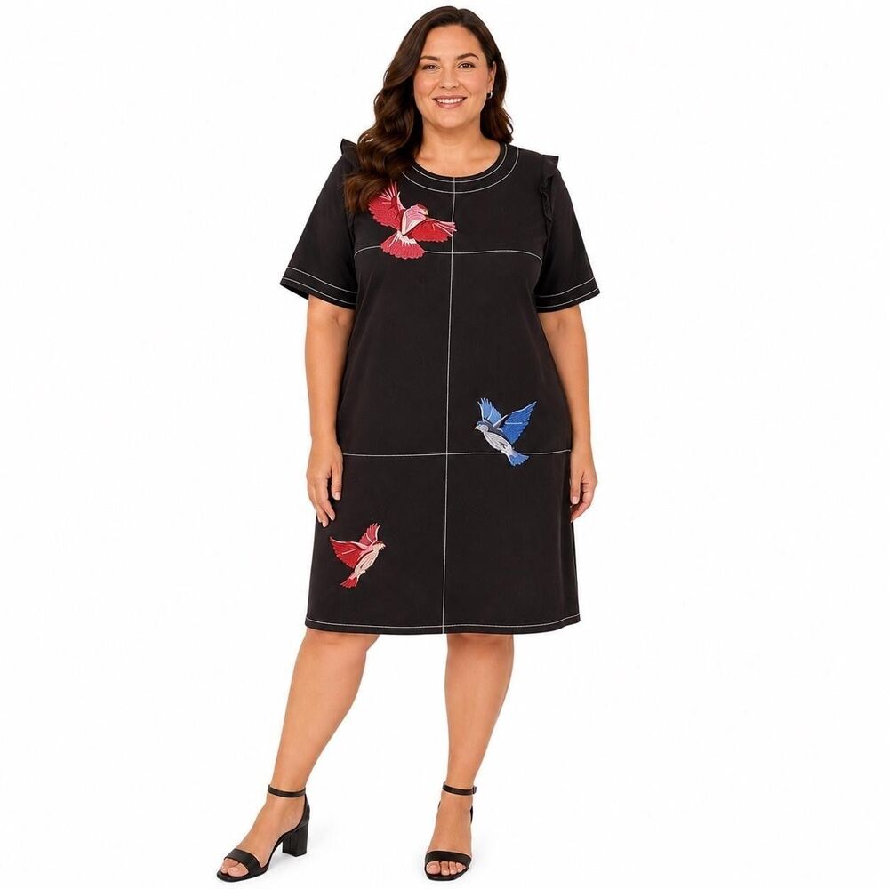 ELOQUII Studio Dress Womens 20 Black Embroidered Bird Shift Short Sleeve